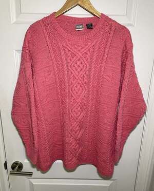 Vintage 80s/90s/Y2K Womens L Oversized Fisherman Cable Knit Pink Chunky Sweater